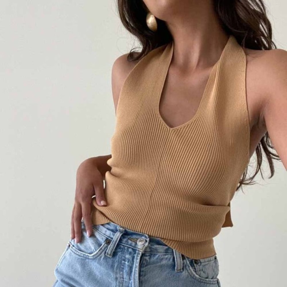 Nude Honey Beige Knit Halter Top: Spring Style